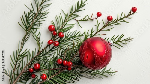 Christmas ornament with evergreen foliage on white backdrop