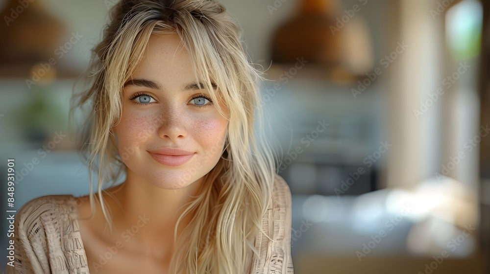 Blonde woman smiling and looking at in a cozy indoor setting Blonde woman smiling and looking at in a cozy indoor setting