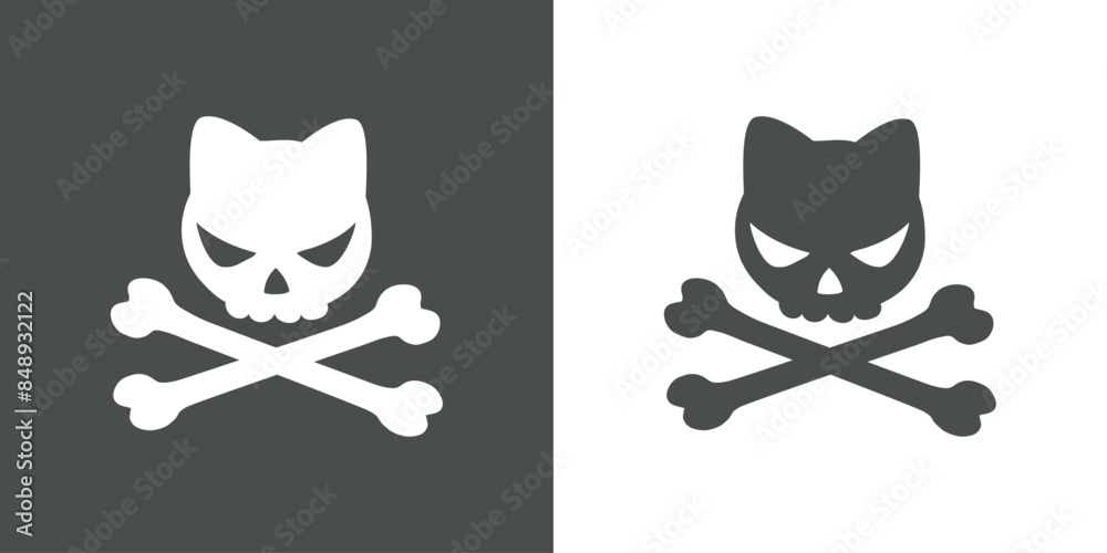 Obraz premium Símbolo pirata. Logo de calavera de gato con expresión enojada y huesos cruzados para invitaciones y tarjetas de Halloween