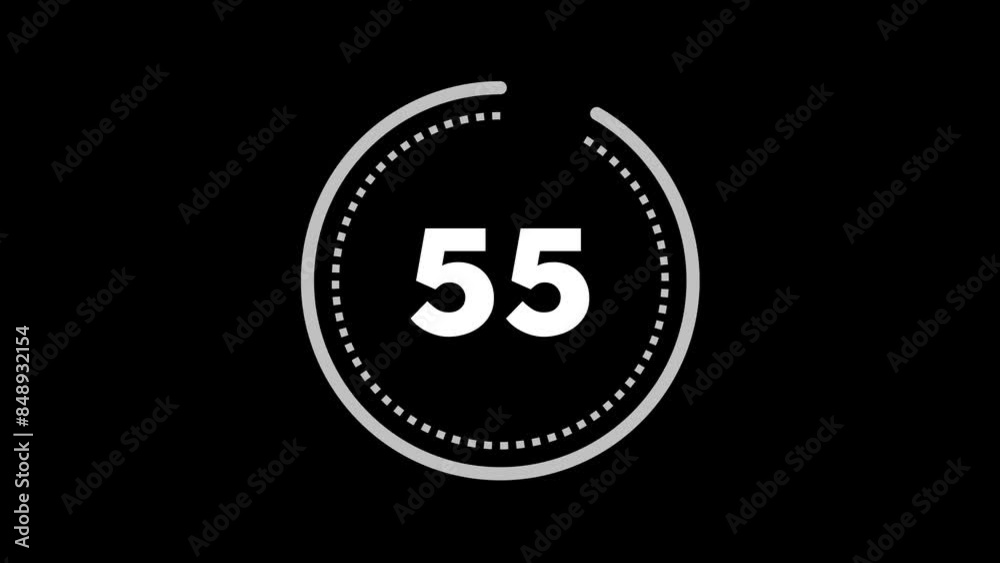 60 seconds (1 minute) dashed (dotted) circle countdown. Silver Grey on Black background. Big circle with inner dashed (dotted) line countdown timer. Stylish simple design. 4K Motion Graphics. Element. 60 seconds (1 minute) dashed (dotted) circle countdown. Silver Grey on Black background. Big circle with inner dashed (dotted) line countdown timer. Stylish simple design. 4K Motion Graphics. Element.