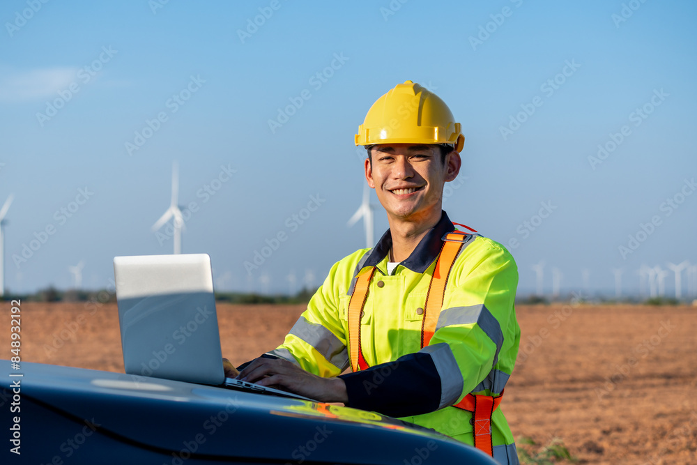 Portrait of Asian male technician work outdoors in wind turbines field. Portrait of Asian male technician work outdoors in wind turbines field.