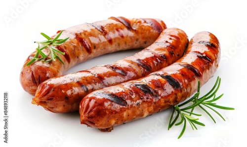 Grilled bratwurst pork sausages on a barbecue grill, isolated on white background