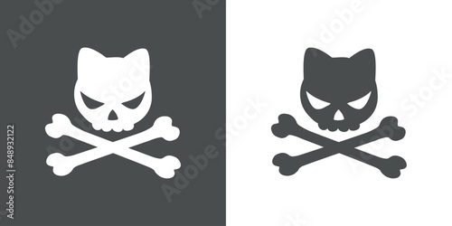 Símbolo pirata. Logo de calavera de gato con expresión enojada y huesos cruzados para invitaciones y tarjetas de Halloween
