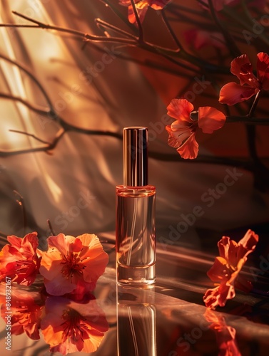 Perfumes bottle with flowers. An orange colour. Perfume luxury advertising. 