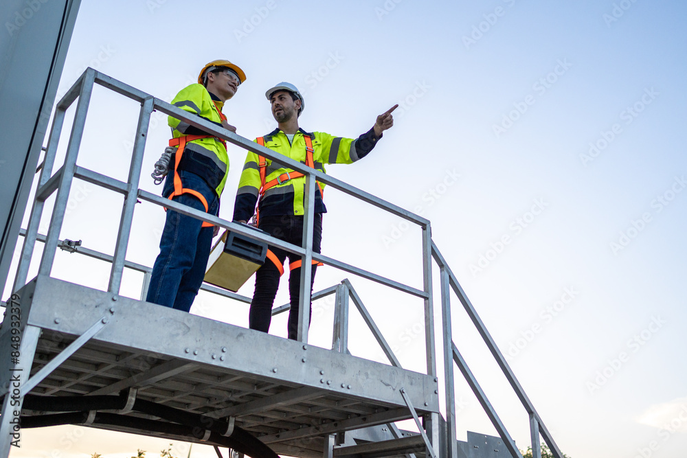 Diverse male technicians working to maintenance outdoors warehouse. Diverse male technicians working to maintenance outdoors warehouse.