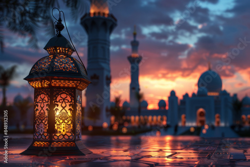 Islamic lantern on blurred mosque background, for ramadhan, eid al adha