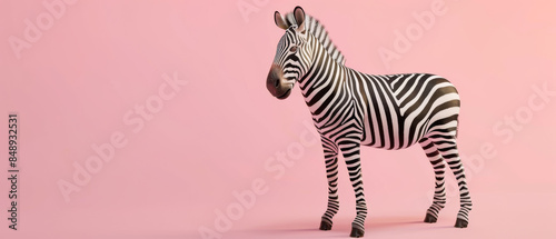 A lifelike zebra stands confidently against a pastel pink backdrop, showcasing the contrast of its black and white stripes in a minimalistic, artistic composition.