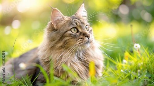 Cute Siberian cat outdoors enjoying grass in the garden