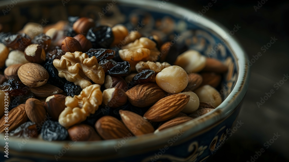 Close-up of a handful of mixed nuts and dried fruits in a ceramic bowl, detailed textures brought out by strategic lighting Close-up of a handful of mixed nuts and dried fruits in a ceramic bowl, detailed textures brought out by strategic lighting