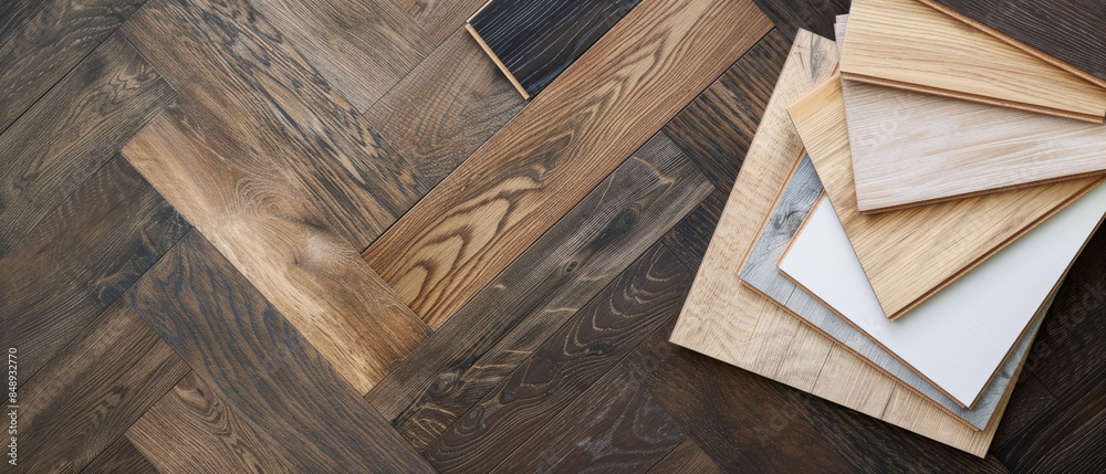 Assorted wooden flooring samples arranged on a rich, detailed hardwood floor creating a warm, textured, and contrasting display of different wood grains and colors. Assorted wooden flooring samples arranged on a rich, detailed hardwood floor creating a warm, textured, and contrasting display of different wood grains and colors.