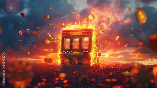 Fiery Slot Machine Explosion at Sunset with Flying Coins photo