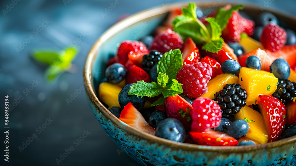 Close-up of a bowl of vibrant fruit salad with fresh berries and mint leaves, light accentuating the juiciness and freshness Close-up of a bowl of vibrant fruit salad with fresh berries and mint leaves, light accentuating the juiciness and freshness