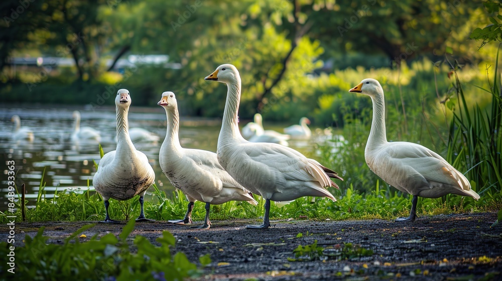 Four White Geese by the Lake in Summer Four White Geese by the Lake in Summer