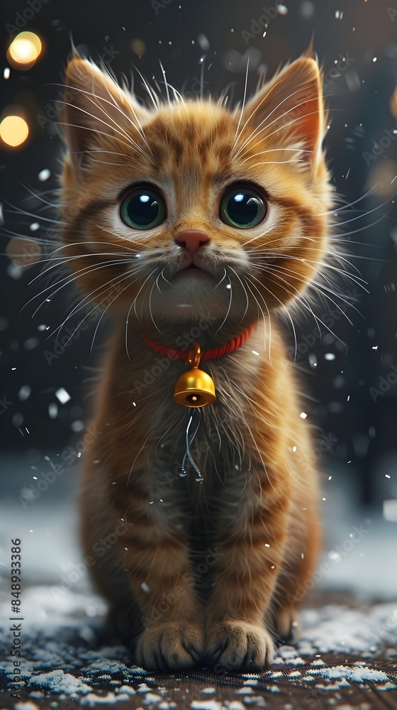 Obraz premium Adorable of a playful curious kitten with big round eyes and a bell collar around its neck set against a blurred snowy winter background with a bokeh effect