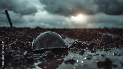 single upside down German Pickelhaube stuck in mud trenches under a moody rainy sky with a ray of sunlight comming through and lighting the helmet photo