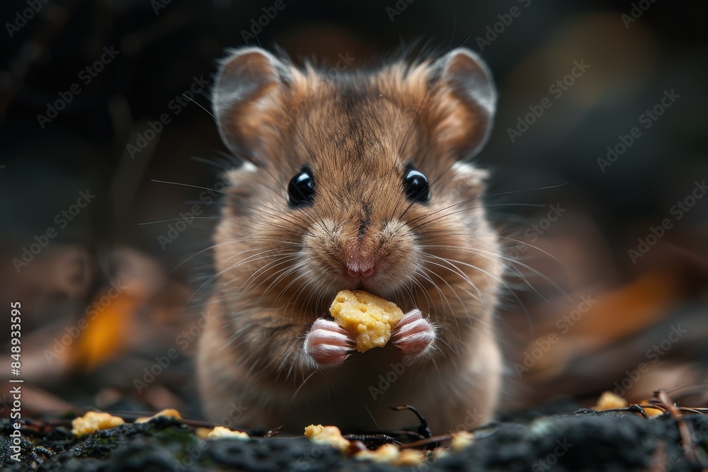 Baby Hamster: A tiny baby hamster, holding a small piece of food in its paws, sitting in a cage. Baby Hamster: A tiny baby hamster, holding a small piece of food in its paws, sitting in a cage.