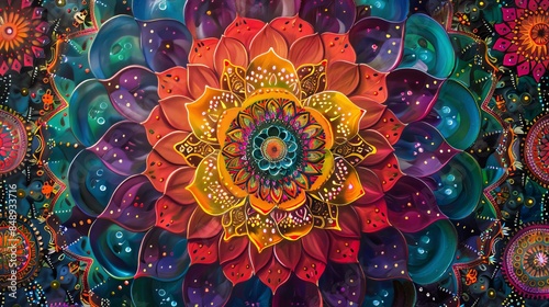 A colorful mandala design with intricate patterns and symmetrical shapes, representing balance and harmony in the universe.