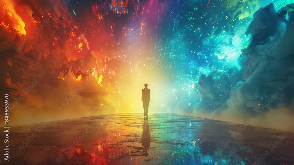 Obraz premium A digital artwork showing a person's aura extending outward, reaching distant places, symbolizing the metaphysical aspect of remote perception.