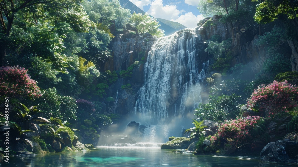 A majestic waterfall cascading into a crystal-clear pool, surrounded by lush greenery, a symbol of purity and divinity.