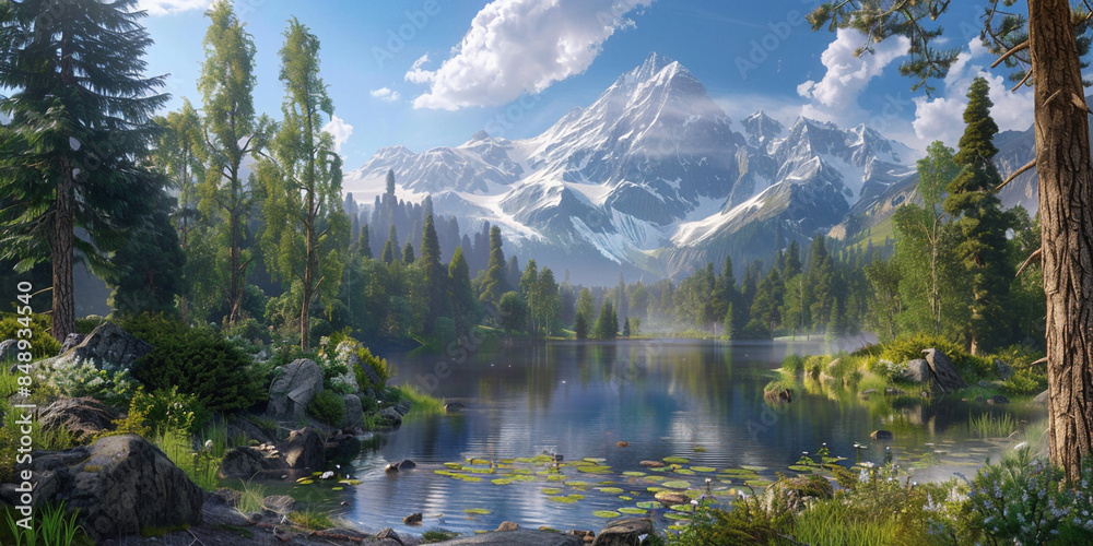 Fototapeta premium A mountain landscape with a waterfall and mountains in the background 