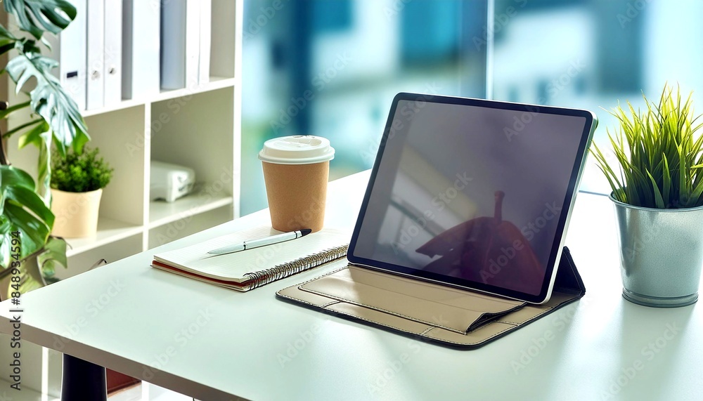 Stylish, modern tablet with a sleek cover, placed on a bright, well-lit desk. Office. Stylish, modern tablet with a sleek cover, placed on a bright, well-lit desk. Office.