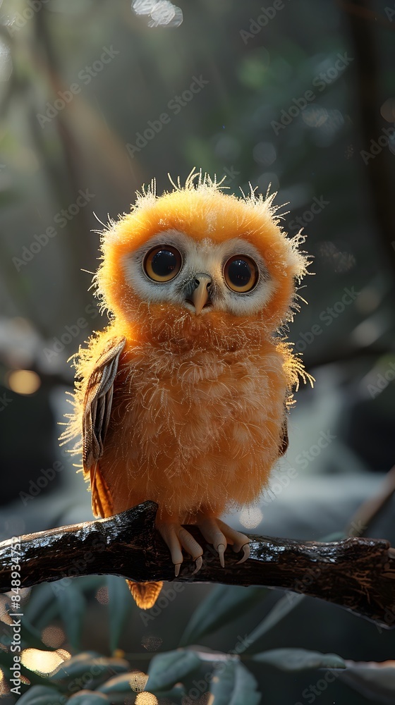 Sleepy Fluffy Owl Perched on Branch in 3D Digital Sleepy Fluffy Owl Perched on Branch in 3D Digital