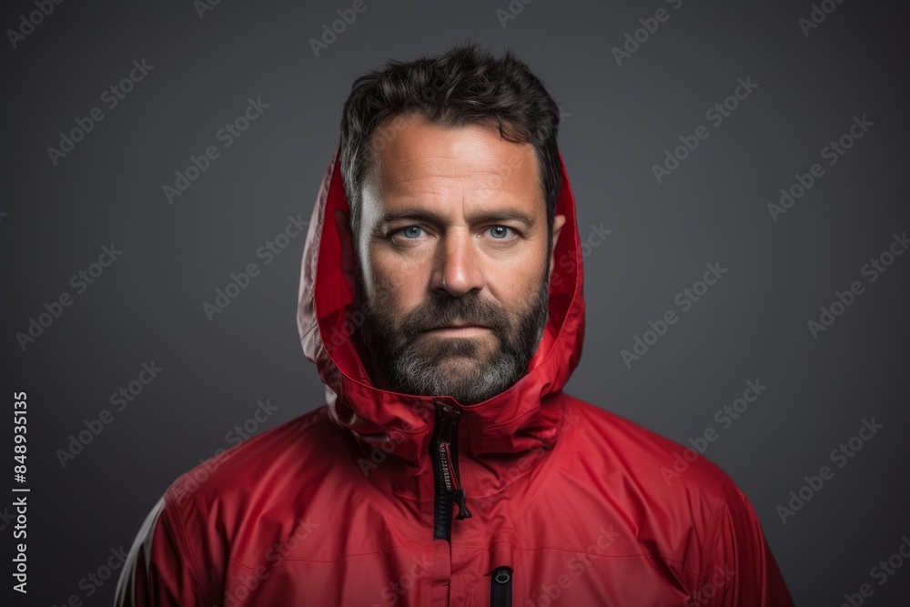 Fototapeta premium Portrait of a tender man in his 40s wearing a windproof softshell isolated on minimalist or empty room background