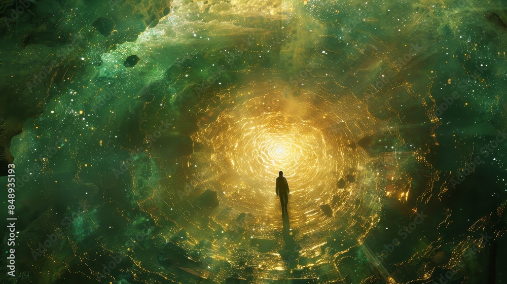 Obraz premium A surreal landscape with a figure floating above a glowing pool of water, hands outstretched as if receiving visions, representing the mystical practice of prophecy and foresight
