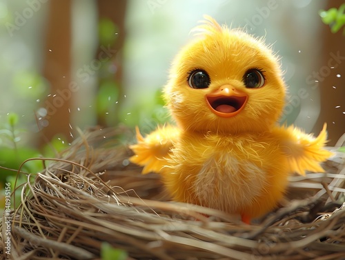 Cute Baby Chick Chirping Happily in Its Cozy Nest with Fluffy Feathers and Tiny Wings