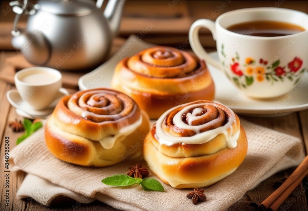 A plate of homemade cinnamon rolls with a cup of coffee and a teapot on a wooden table A plate of homemade cinnamon rolls with a cup of coffee and a teapot on a wooden table