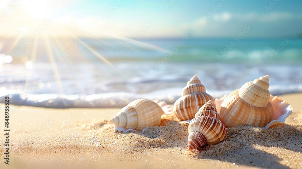 Seashells on Sandy Beach with Sunlit Waves in Background Seashells on Sandy Beach with Sunlit Waves in Background