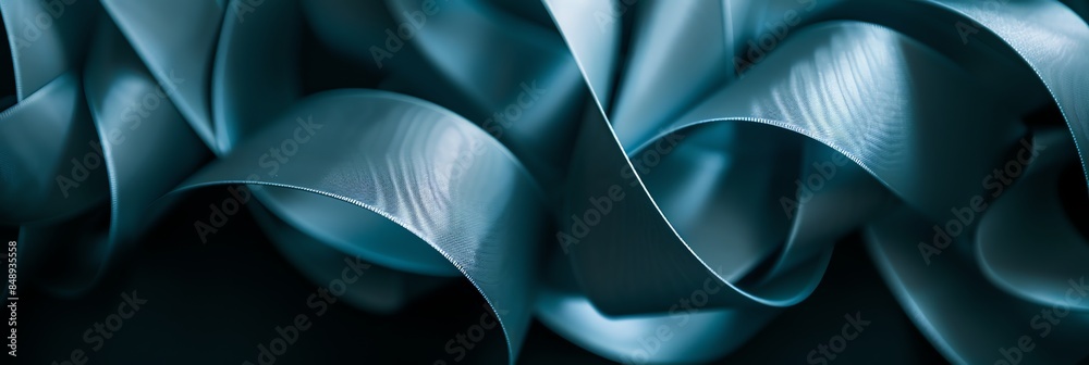 A closeup of blue ribbon with intricate curves and folds, set against a dark background, creating an abstract composition that suggests depth and movement. The focus is on the texture , 3:1 A closeup of blue ribbon with intricate curves and folds, set against a dark background, creating an abstract composition that suggests depth and movement. The focus is on the texture , 3:1