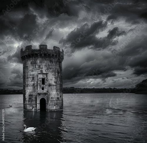 Black and white photography of an old ruined tower on the shore, dark clouds in the sky, lake in front, swan swimming abstract dreamy theme. photo