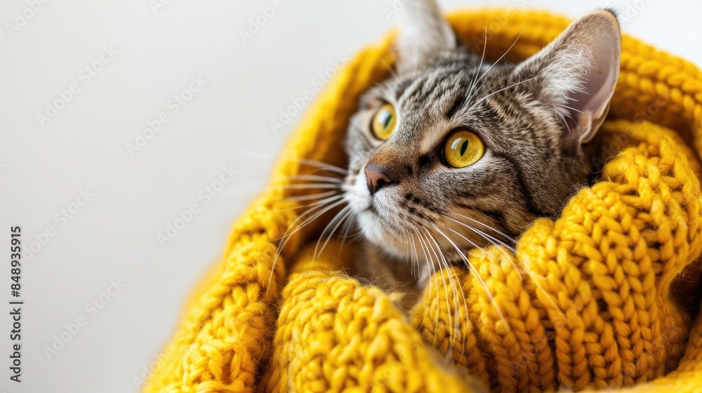 Naklejka premium Close up of adorable cat in yellow sweater on white background
