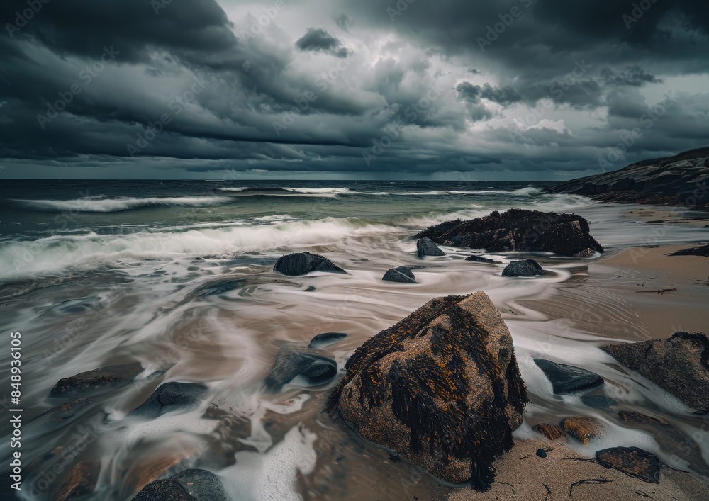 Obraz premium Dark and moody photograph of the beach, in a quiet and peaceful mood, with a long exposure creating motion blur from waves crashing against rocks, a dramatic sky with storm clouds