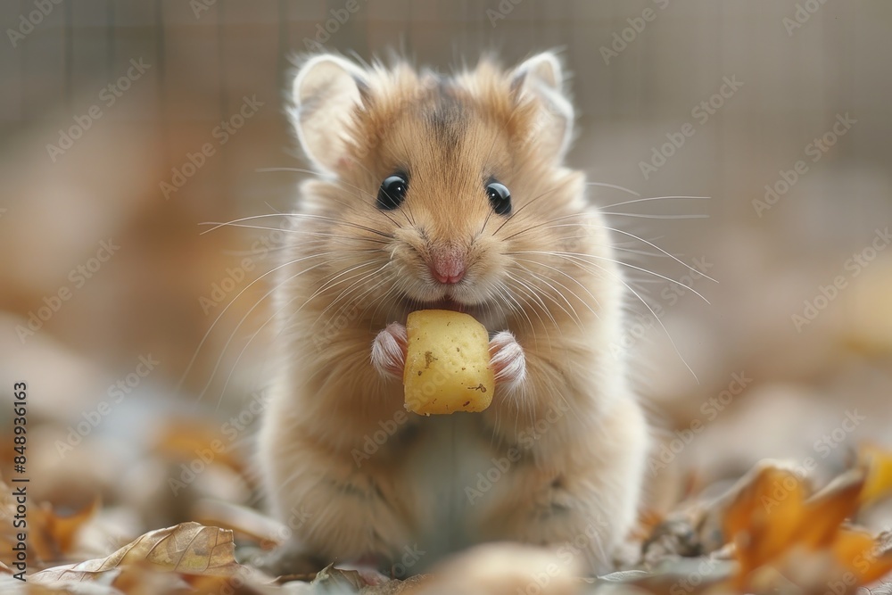 Baby Hamster: A tiny baby hamster, holding a small piece of food in its paws, sitting in a cage. Baby Hamster: A tiny baby hamster, holding a small piece of food in its paws, sitting in a cage.