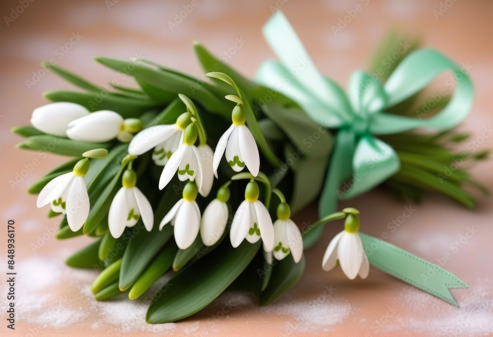 Fototapeta premium A bouquet of white snowdrops with a ribbon on a soft, pastel background