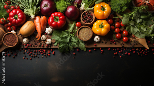 A frame composed of various vegetables and spices on a white background, with ample space for text.