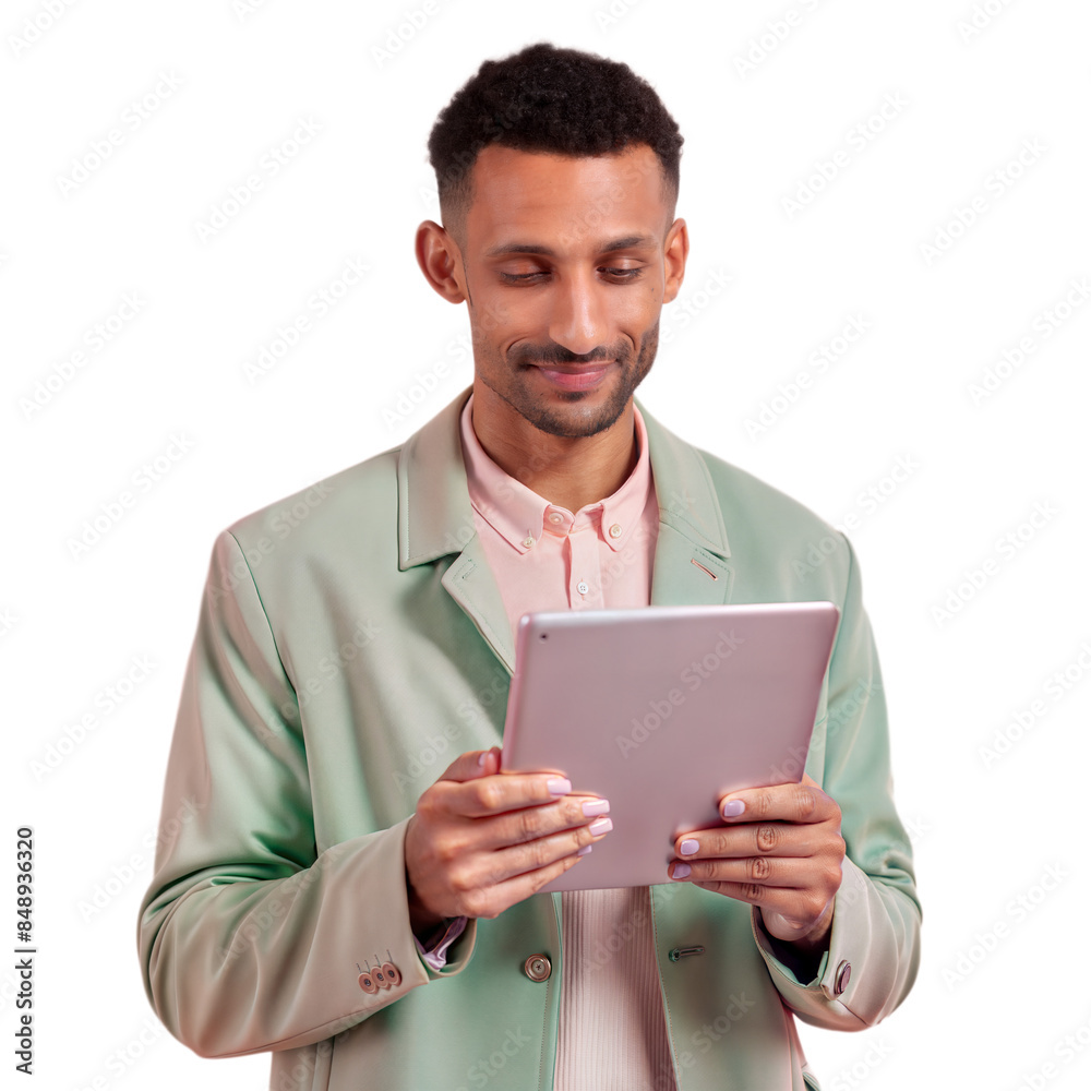 Young professional using a tablet on transparent background