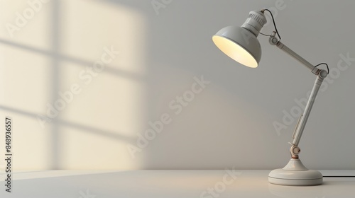 A metal table lamp with a bright light illuminates a desk on a light background.