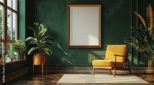 Modern Living Room Interior Design With Green Walls, Yellow Chair, and Wooden...
