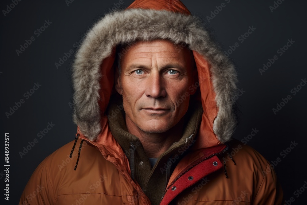Portrait of a merry man in his 50s wearing a warm parka on minimalist or empty room background Portrait of a merry man in his 50s wearing a warm parka on minimalist or empty room background