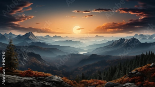 Majestic Sunset Over a Serene Mountain Valley with Layers of Peaks and Trees