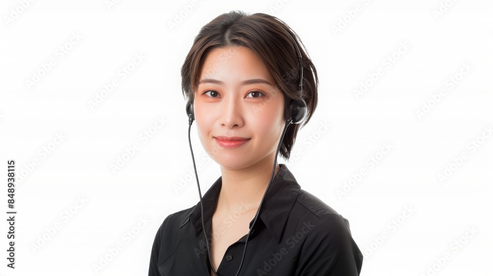 Portrait of a Chinese female customer service representative with a headset, dressed in a black shirt, showcasing a warm and approachable demeanor, under soft natural lighting, captured from the waist Portrait of a Chinese female customer service representative with a headset, dressed in a black shirt, showcasing a warm and approachable demeanor, under soft natural lighting, captured from the waist