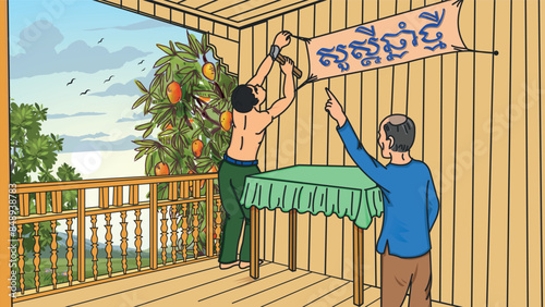 Boy and grandpa preparing house for happ khmer new year vector art