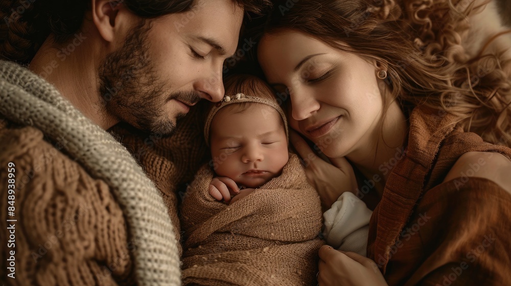 A happy family of three, father holding his sleeping newborn baby and mom warm colors, closeup A happy family of three, father holding his sleeping newborn baby and mom warm colors, closeup