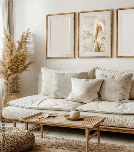 Stylish living room interior with natural elements and neutral colors. AI.
