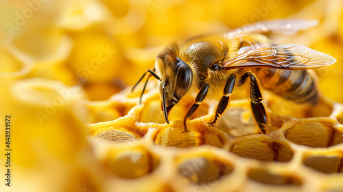 Biene Nahaufnahme auf Blüte und Wabe Bienenhonig in der Herstellung Generative AI © Imagecreator