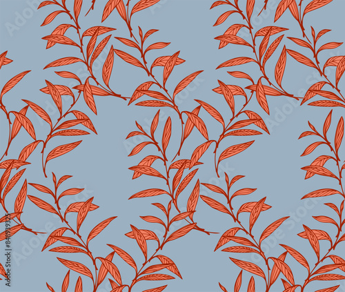 Colorful seamless pattern with abstract artistic orange branches leaves on a blue background. Vector hand drawing. Creative botanical tropical printing. Template for designs, textiles, fashion