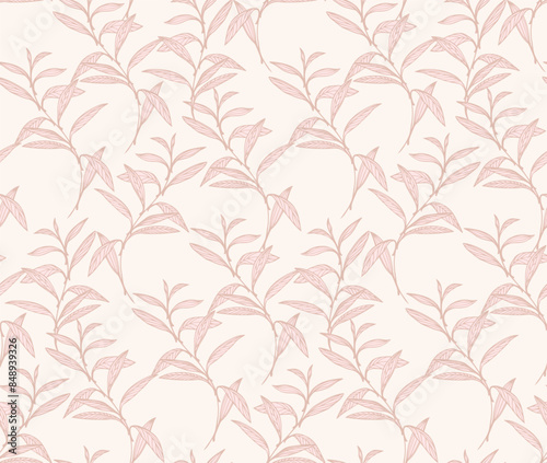 Pastel seamless pattern with lines leaf stems. Abstract, artistic branches leaves printing on a light beige background. Vector hand drawing. Template for designs, textile, fashion, fabric